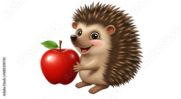 Obraz Smiling Hedgehog with Apple: A charming and cheerful hedgehog holds a juicy red apple, inviting feelings of warmth, joy, and the delights of nature in a cute illustration.