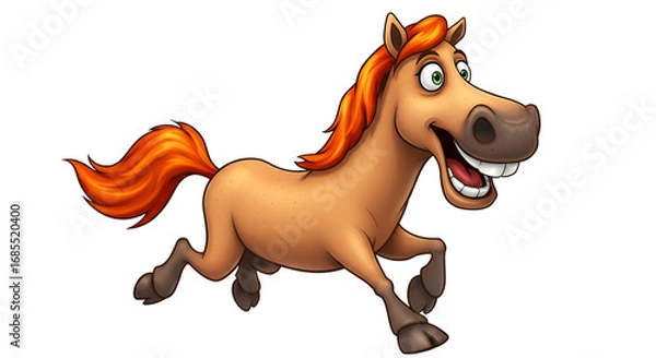 Obraz Joyful Animated Horse in Motion: A vibrant animated horse gallops cheerfully, its bright red mane and tail flowing as it sprints with exuberance, inviting viewers into a world of playful energy.