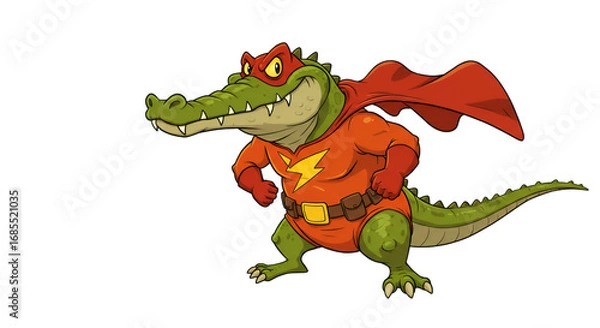Obraz Superhero Alligator: A bold and vibrant cartoon depiction of a superhero alligator stands with confidence, ready to fight any wrong, embodying bravery, courage, and extraordinary strength.