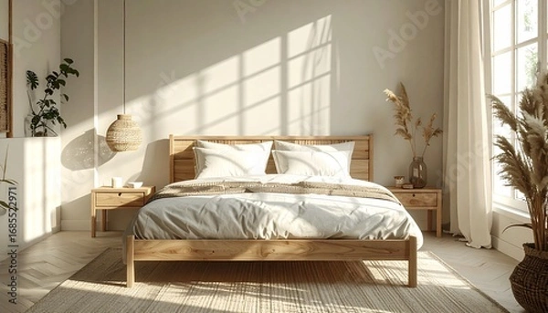 Obraz Scandinavian-inspired bed with light wood frame and ivory cushions, placed in a serene airy space with subtle shadows and natural materials