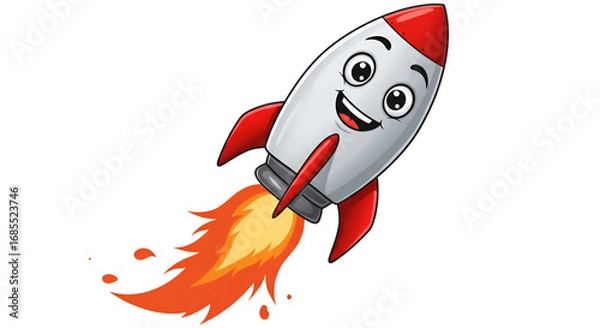 Obraz Rocket Cartoon Takeoff: A vibrant, cartoon rocket blasts off, symbolizing innovation, adventure, and the boundless potential of exploration. The illustration focuses on speed and imagination.