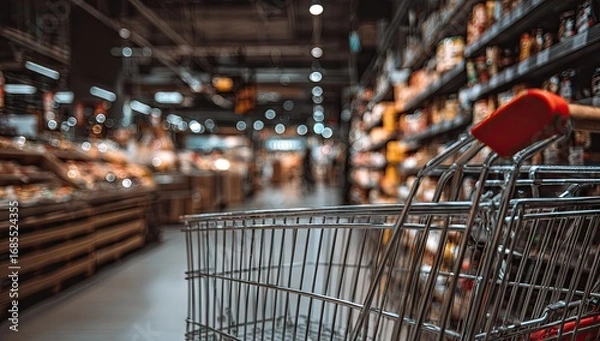 Fototapeta Empty shopping cart in a blurred grocery store aisle, showcasing a soft focus on the produce and goods.