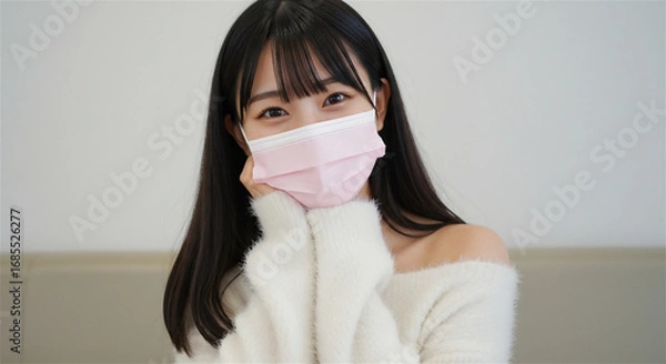 Obraz ピンクマスクをつけて微笑む可愛い女性のポートレート