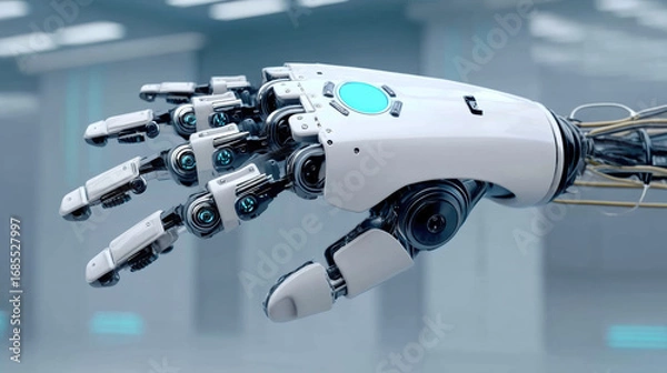 Obraz Robotic prosthetic hand with synthetic muscle grafted onto cybernetic arm in modern sci fi hospital operating room, cinematic realistic surgical procedure with AI surgical robot assisting