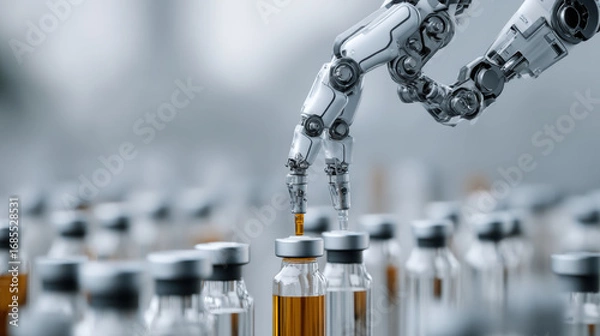 Fototapeta Robotic arm vial syringe robotic arm vial syringe laboratory futuristic lab healthcare lab synthetic organ sample ai scanner holographic scanner photorealistic automation precision metal medical