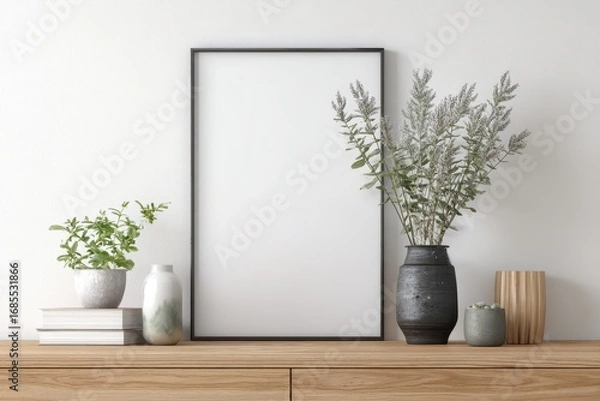 Fototapeta Stylish Horizontal Frame Display for Art in Modern Interior with Plants on White Wall