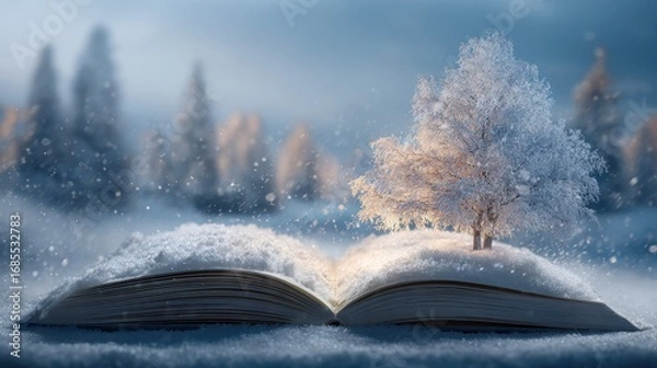 Fototapeta Enchanting Winter Landscape: A Snow-Covered Countryside Scene Unfolds Within the Pages of a Magical Book