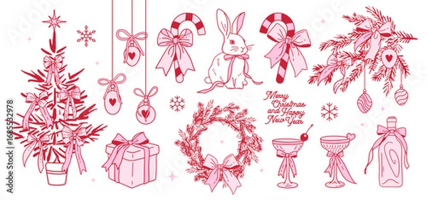 Fototapeta Whimsical Coquette Christmas Elements set. Hand drawn Vintage Xmas Holiday Clipart with bows in contour flat style. Vector illustrations of Baubles Decorations, Fir Tree, pine branch and cocktails.