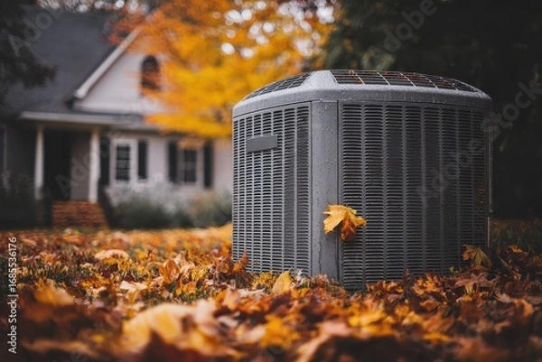 Fototapeta Autumn Upkeep: Air Conditioning Unit Covered in Leaves, Ready for Seasonal Service and Cleaning