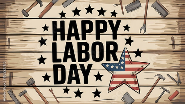 Fototapeta Rustic labor day greeting with tools and stars wooden