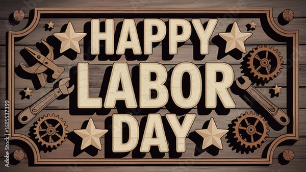 Fototapeta Rustic wooden sign with engraved labor day message and tools holiday celebration