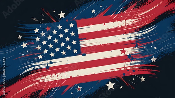 Fototapeta Vibrant abstract American flag with distressed brush strokes and scattered stars image