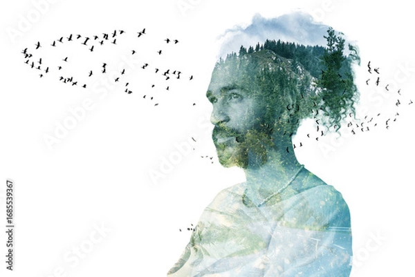Fototapeta Double exposure portrait of calm man with curly hair blended with forest and flying birds.