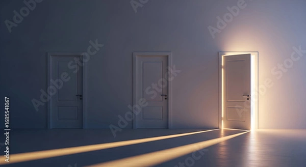 Fototapeta Three doors concept showcasing possibilities and choices with light shining through one open door symbolizing hope and opportunity