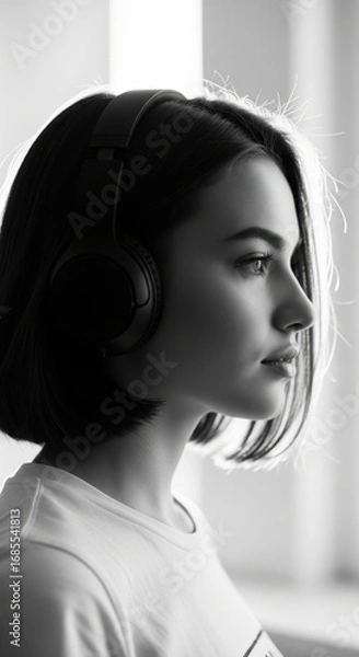 Fototapeta Contemplation in Monochrome: An evocative portrait captures a woman lost in thought, wearing headphones and bathed in soft light.