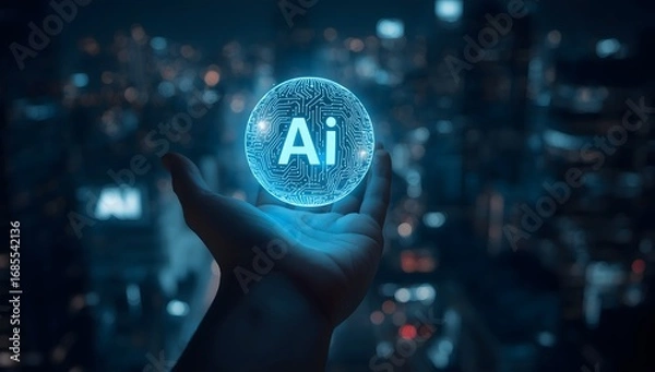 Fototapeta A Hand Holding a Glowing AI Orb Over a City