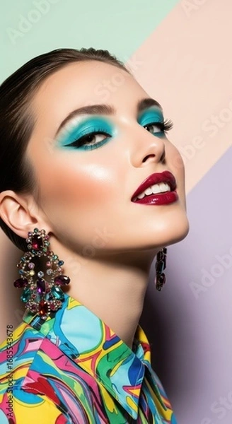 Fototapeta Elegant Beauty: A captivating portrait of a model showcasing vibrant makeup and exquisite jewelry, creating a visual symphony of color and glamour.