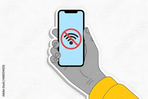 Fototapeta Hand holding smartphone displaying no wifi signal; flat design, minimalist style, frustrated mood.