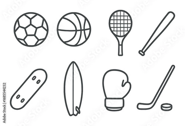Obraz Outline of various sports equipment: soccer ball, basketball, tennis racket, baseball bat, skateboard, surfboard, boxing glove, hockey stick