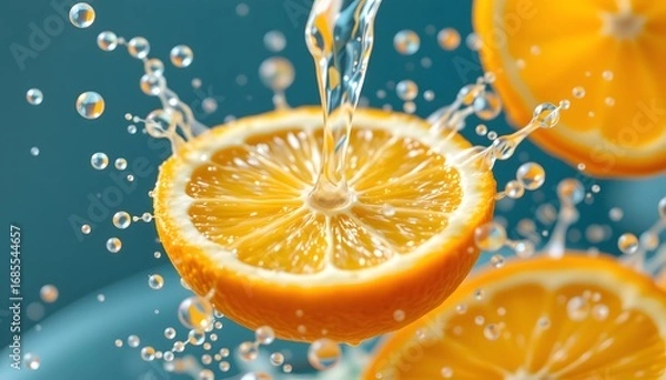 Fototapeta Zesty Citrus Splash: Vivid close-up showcasing a refreshing spectacle of water cascading upon a ripe orange, accentuating its juicy interior.