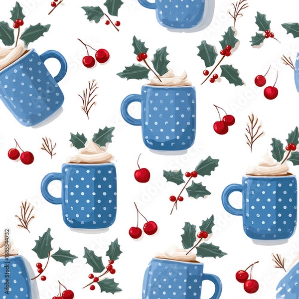 Fototapeta A festive repeating pattern of blue mugs filled with frothy beverages, topped with holly and berries, against a black background.  Each mug has a polka dot design