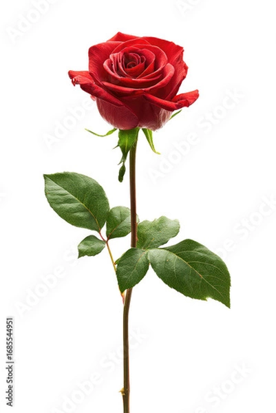 Fototapeta Single crimson rose with dark green leaves against black