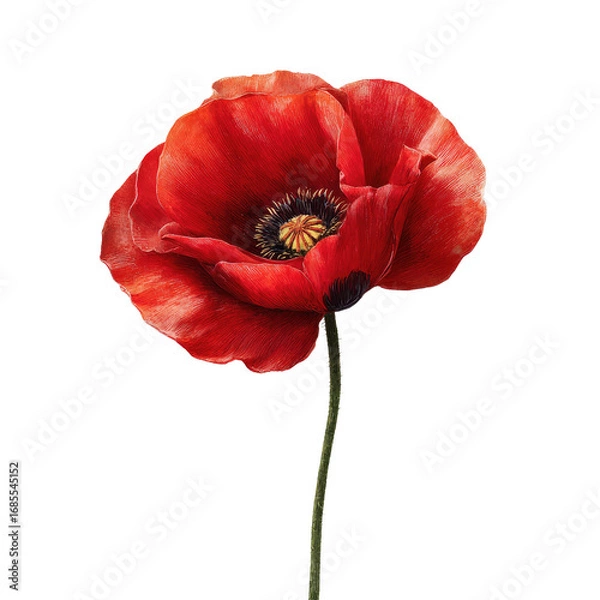 Fototapeta Close-up of a vibrant red poppy.  Detailed illustration of a single poppy flower, petals in rich crimson, dark center, light green stem.  Isolated against black background.  Botanical style