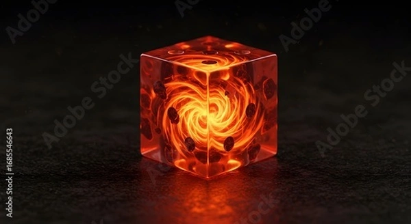 Fototapeta A translucent die frozen mid-roll contains a vortex of fire, a powerful metaphor for random chance, contained chaos, and a high-stakes decision