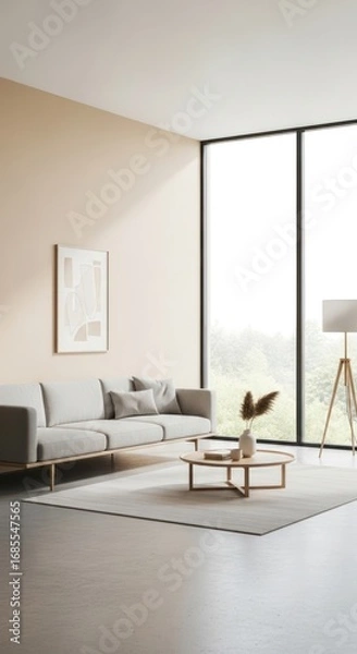 Obraz Modern Minimalist Living Room Interior with Neutral Palette, Grey Sofa, Wooden Coffee Table, and Large Window View