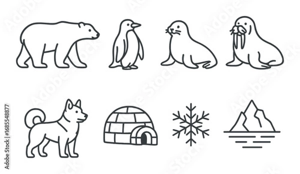 Obraz Outline art of arctic animals and symbols: bear, penguin, seal, walrus, dog, igloo, snowflake, mountains