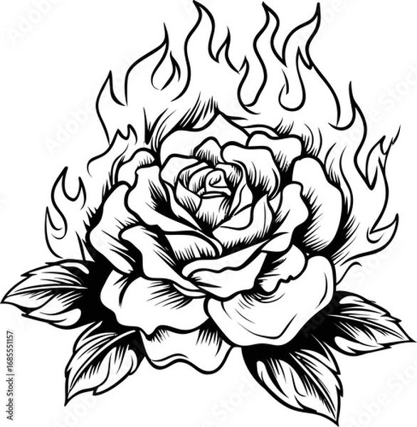 Fototapeta Flaming rose tattoo design with bold black lines in an artistic sketch style. Vector illustration