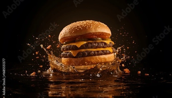Fototapeta Delicious Cheeseburger Splash with Dynamic Golden Liquid and Dark Background