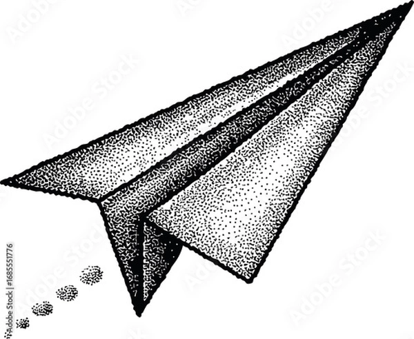 Fototapeta Stylized monochrome paper airplane with dotted texture, black and white design. Vector illustration