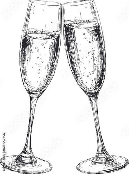 Fototapeta Two champagne glasses clinking in a detailed line drawing sketch style. Vector illustration