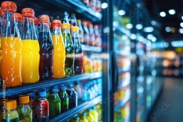 Fototapeta Chilled Beverage Display: Soft Drink Coolers in Supermarket Setting with Blurred Commercial Background