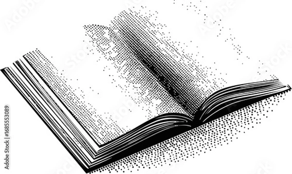 Fototapeta Open book illustration with halftone dots on white background. Vector illustration