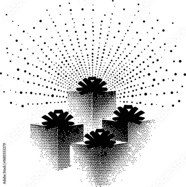 Fototapeta Halftone style black gifts with bows and a radiating dot pattern. Vector illustration