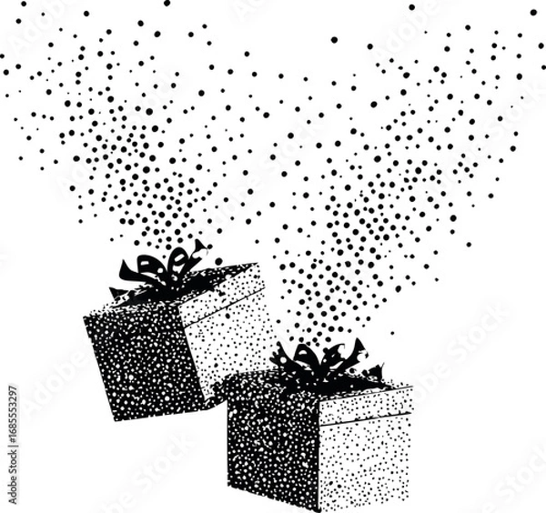 Fototapeta Two monochrome gift boxes with bows and scattered particles, vector art. Vector illustration
