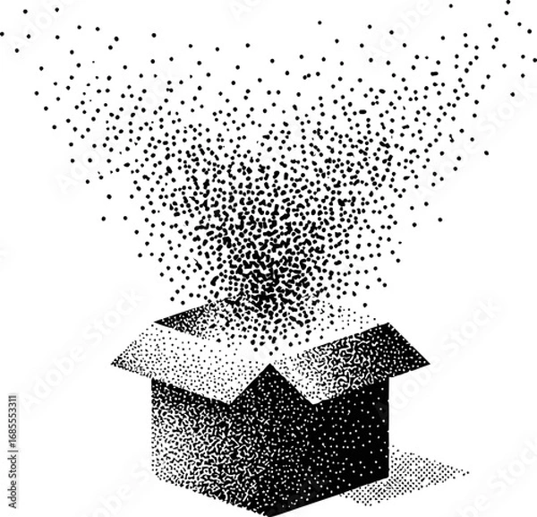Fototapeta A monochrome dot illustration of particles emerging from an open box. Vector illustration