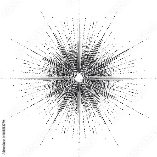 Fototapeta Exploding vintage starburst with radial lines in a monochrome ink style. Vector illustration