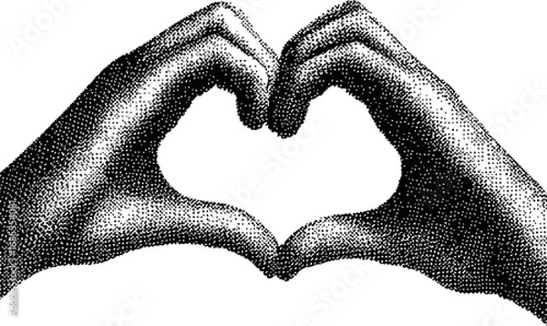 Fototapeta Hands forming a heart shape in stipple art, black and white illustration. Vector illustration