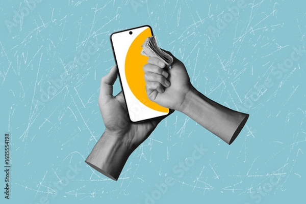 Fototapeta Modern art collage on the topic of payment via mobile phone. Modern payment methods