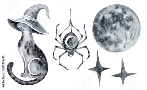 Fototapeta Set of isolated illustrations halloween cat in a witchs hat spider on a web stars and a full moon textured black watercolor night composition horror hand drawn