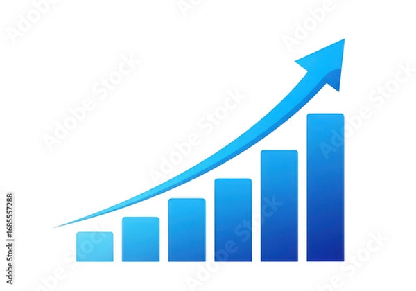 Fototapeta Blue bar graph with upward trending arrow showing positive growth isolated on transparent background