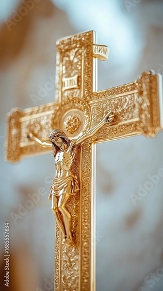Fototapeta Modern Religious Monument - Intricately Detailed Gold Crucifix in Soft Focused Ambient Light A surreal modern city skyline with glowing religious symbolism, dramatic architecture, spirituality, hope, 