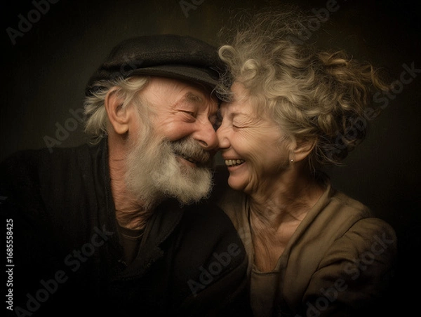 Fototapeta elderly couple smiling and touching foreheads in warm intimate moment