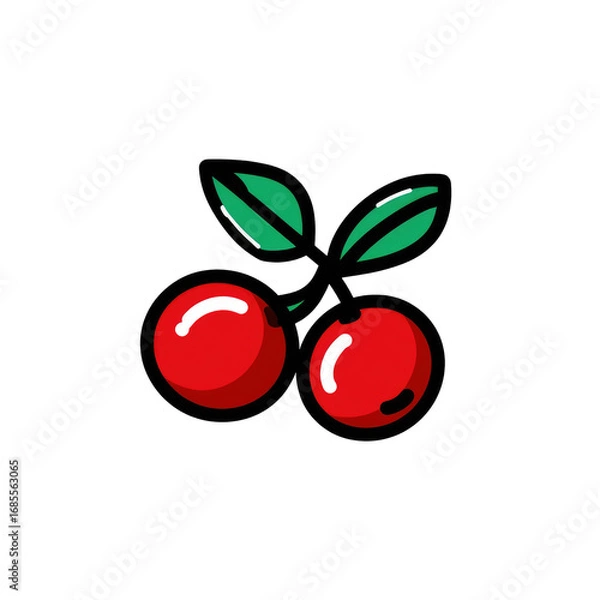 Fototapeta Two stylized red cherries with green leaves against a black background.  