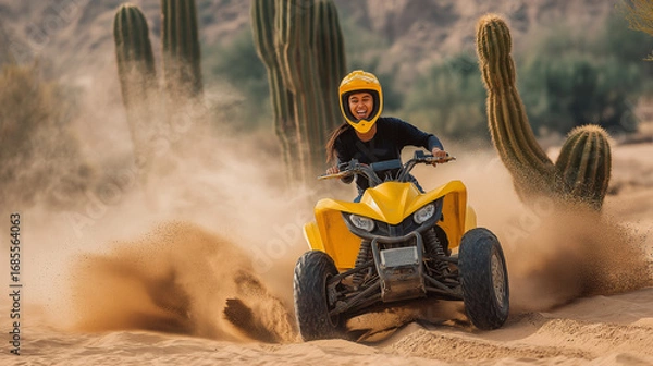 Fototapeta Riding a yellow ATV through desert terrain with a joyful expression in a sunny environment