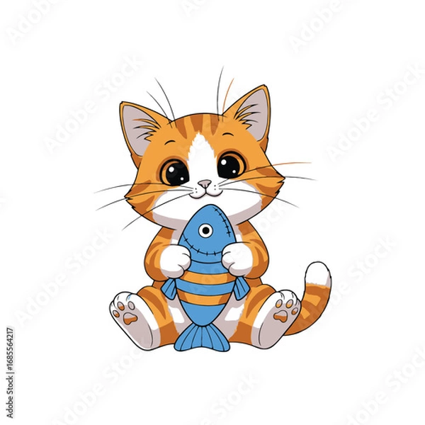 Obraz Adorable ginger kitten hugging fish cartoon illustration. Vector
