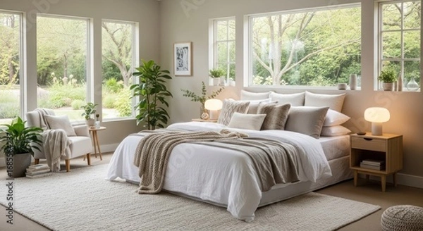 Obraz Bright and Serene Modern Bedroom with Natural Light, Neutral Tones, Lush Garden Views, and Thoughtful Home Decor.
